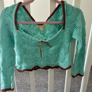 Urban Outfitters Teal Knit Sweater with Chocolate Accents